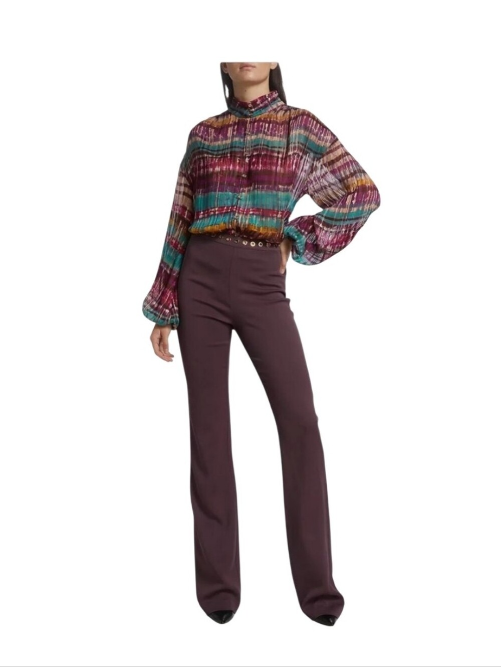 Ramy Brook Vance Tie Dye Striped Balloon Sleeve Blouse Burgundy Teal Size M